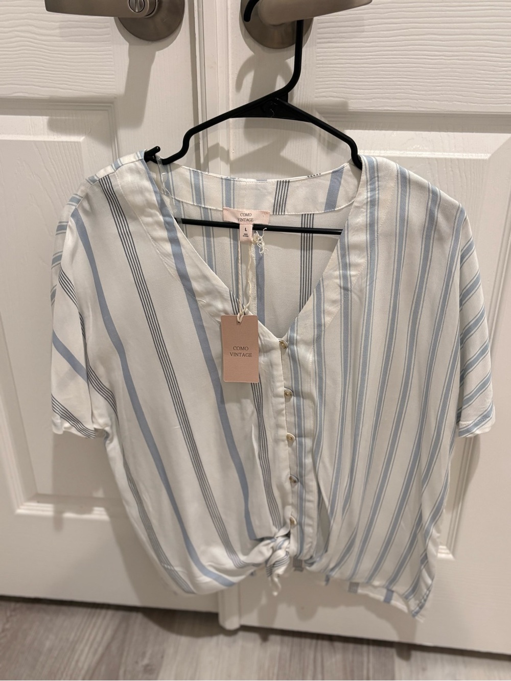 Como Vintage White & Light Blue Striped Tie-Front Blouse